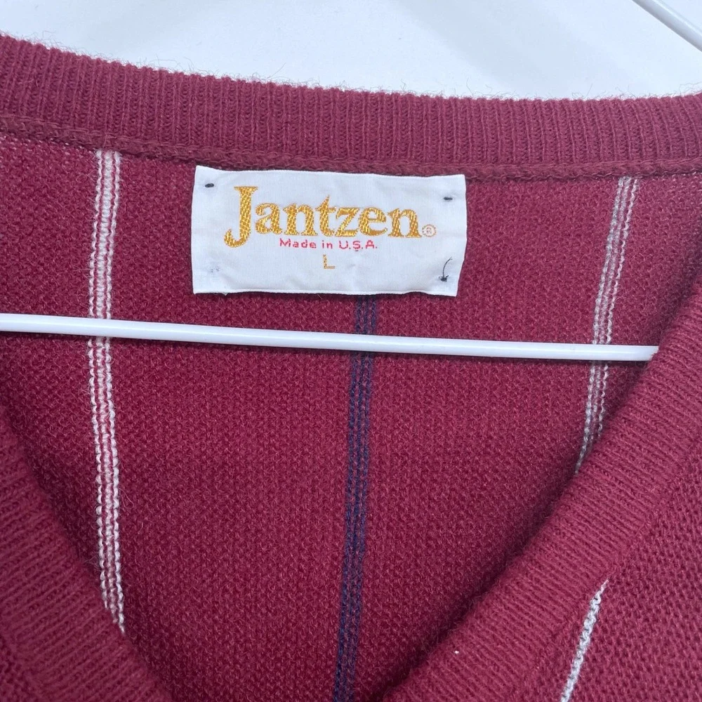 Vintage 90s Jantzen Mens Burgundy Striped V Neck Sweater Large Long Sleeve‎ Vtg